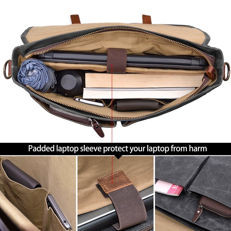 NEWHEY Mens Messenger Bag 15.6 Inch Waterproof Vintage Genuine Leather Waxed Canvas Briefcase Large Satchel Shoulder Bag Rugged Leather Computer Laptop Bag, Grey - Image 5